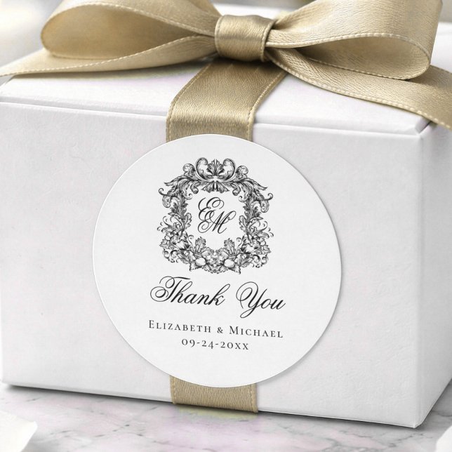 Elegant Monogram Wedding Crest Thank You Classic Round Sticker (Creator Uploaded)