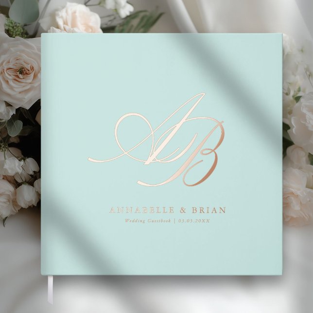 Elegant, Monogram, Wedding  Guest Book (Pale Pistachio, Monogram, Scripted Font, Foil Wedding Guest Book. )