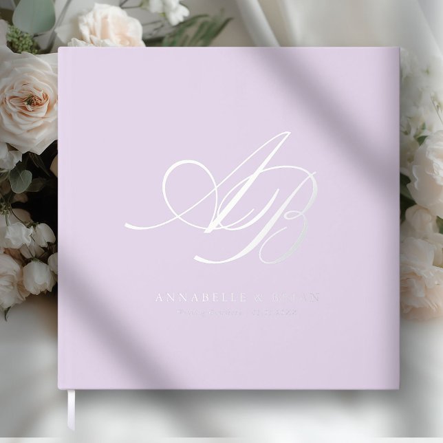 Elegant, Monogram, Wedding  Guest Book (Frosted Lilac, Monogram, Scripted Font, Foil Wedding Guest Book. )