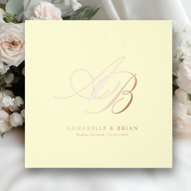 Elegant, Monogram, Wedding  Guest Book (Butter - Yellow, Custom, Monogram, Scripted Font, Foil Wedding Guest Book. )