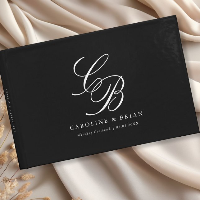 Elegant, Monogram, Wedding  Guest Book (Elegant, Monogram, Black, Wedding Guest Book with your name and date.)