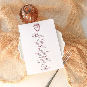 Elegant Monogram Wedding Menu Cards Burgundy