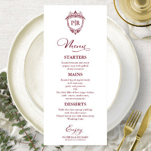 Elegant Monogram Wedding Menu Cards Burgundy