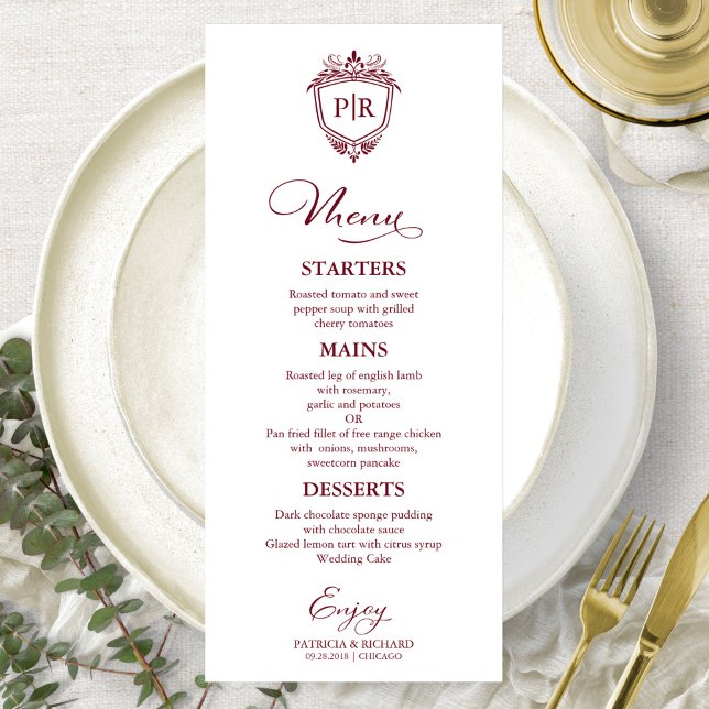 Elegant Monogram Wedding Menu Cards Burgundy (Creator Uploaded)