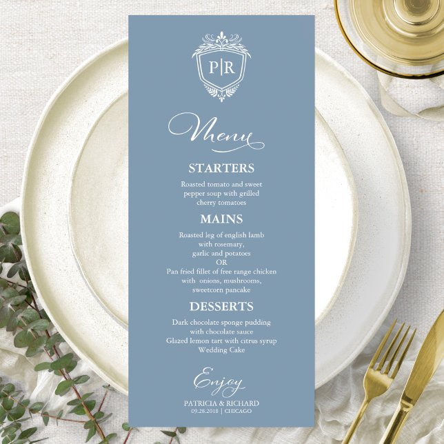 Elegant Monogram Wedding Menu Cards Dusty Blue (Creator Uploaded)