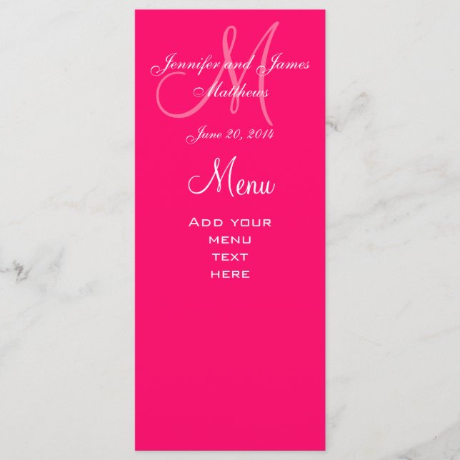 Elegant Monogram Wedding Menu Cards Hot Pink (Front)