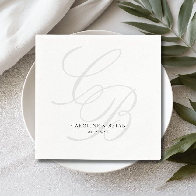 Elegant, Monogram, Wedding  Napkin (Elegant, Monogram, Wedding Napkins, script font, grey & white.)