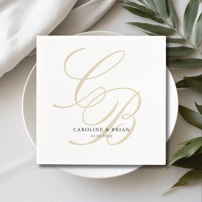 Elegant, Monogram, Wedding  Napkin (Elegant, Monogram, Wedding Napkins, script font, beige & white.)