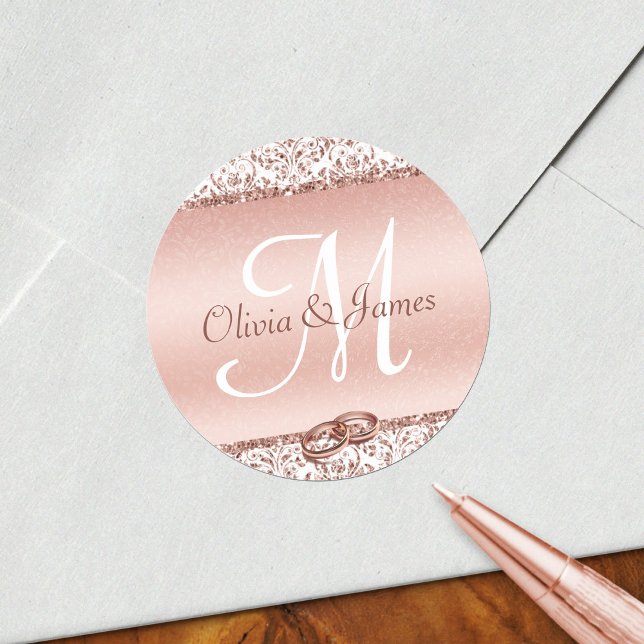 Elegant Monogram Wedding Rose Gold Classic Round Sticker (Creator Uploaded)