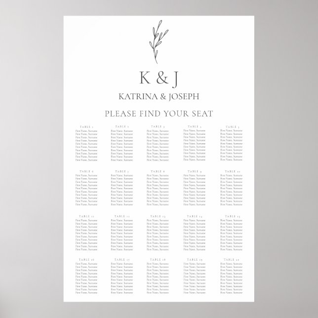 Elegant Monogram Wedding Seating Chart Minimal (Front)