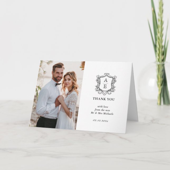 Elegant Monogram Wedding  Thank You Card (Front)