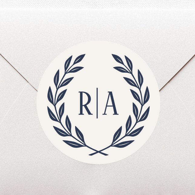 Elegant Monogram Wedding Wreath Navy Cream Classic Round Sticker (Creator Uploaded)