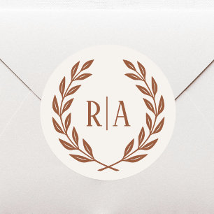 Elegant Monogram Wedding Wreath Terracotta Cream Classic Round Sticker
