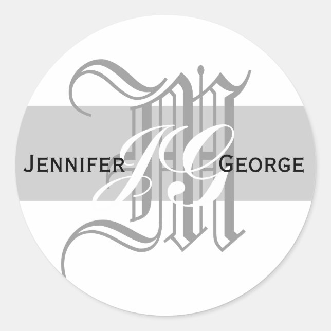 Elegant Monogram White and Grey Wedding Sticker (Front)