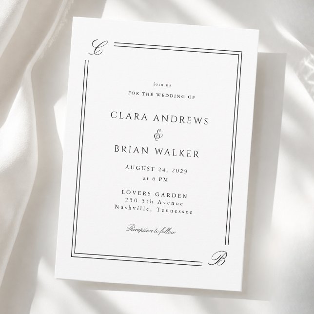 Elegant Monogram White Black Border Wedding Invitation (Elegant Monogram White Black Border Wedding Invitation)