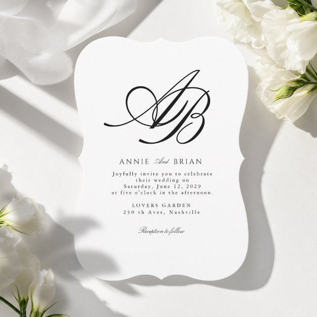 Elegant Monogram White Black Wedding Invitation (Elegant Monogram White Black Wedding Invitation)