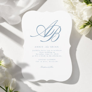 Elegant Monogram White Blue Wedding Invitation