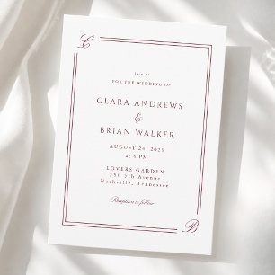 Elegant Monogram White Burgundy Border Wedding Invitation