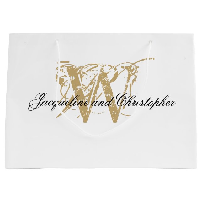Elegant Monogram White & Gold Chic Classic Wedding Large Gift Bag (Front)