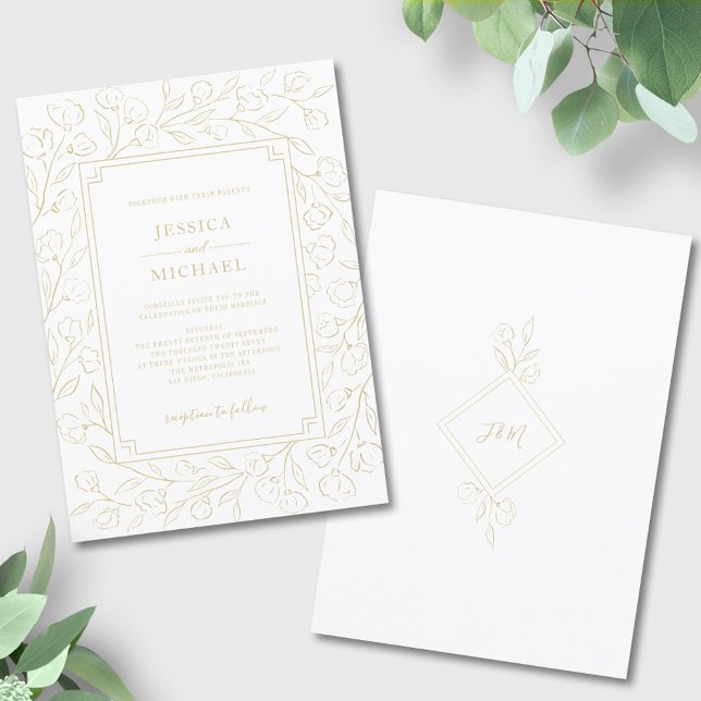 Elegant Monogram White Gold Classic Floral Wedding Invitation (Creator Uploaded)