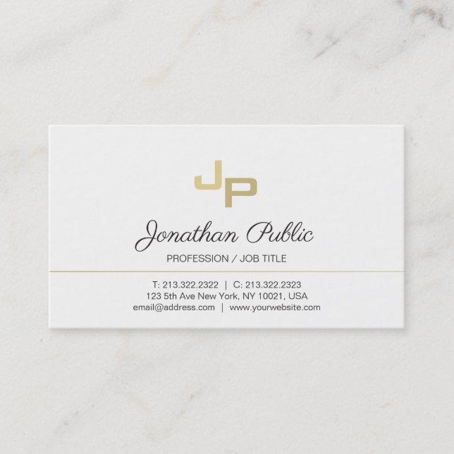 Elegant Monogram White Gold Minimalistic Plain Business Card (Front)