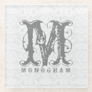 Elegant Monogram White & Grey Damasks Glass Coaster
