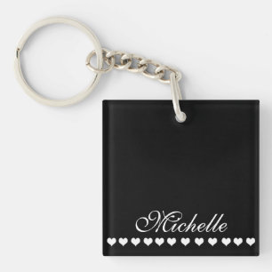 Elegant Monogram White Hearts Black Key Ring