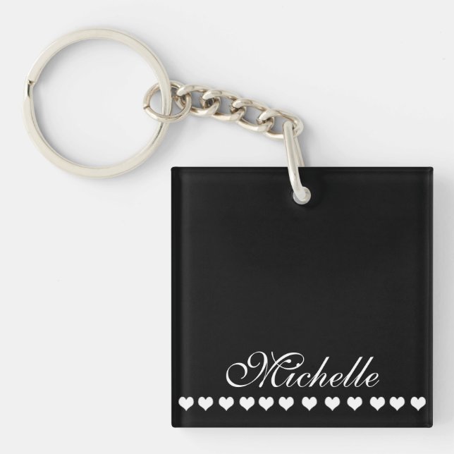 Elegant Monogram White Hearts Black Key Ring (Front)