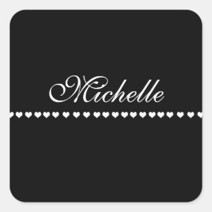 Elegant Monogram White Hearts Black Square Sticker