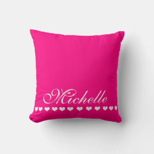 Elegant Monogram White Hearts Bright Pink Cushion
