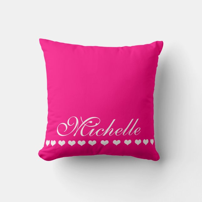 Elegant Monogram White Hearts Bright Pink Cushion (Front)