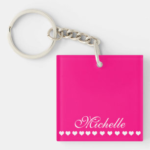 Elegant Monogram White Hearts Bright Pink Key Ring
