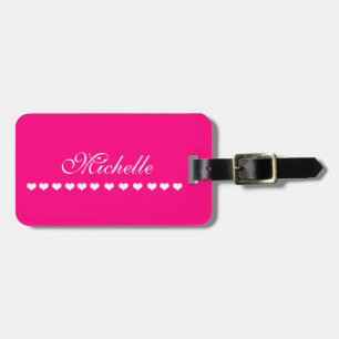 Elegant Monogram White Hearts Bright Pink Luggage Tag