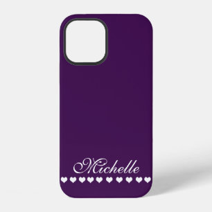 Elegant Monogram White Hearts Eggplant Purple iPhone 12 Case