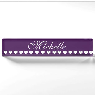 Elegant Monogram White Hearts Eggplant Purple Nameplate