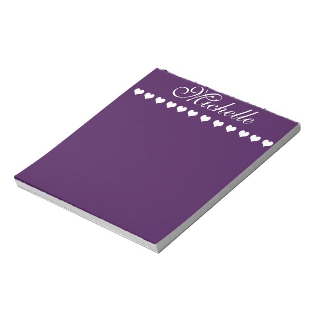 Elegant Monogram White Hearts Eggplant Purple Notepad (Rotated)