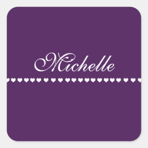 Elegant Monogram White Hearts Eggplant Purple Square Sticker