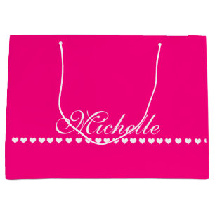 Elegant Monogram White Hearts Pink Large Gift Bag