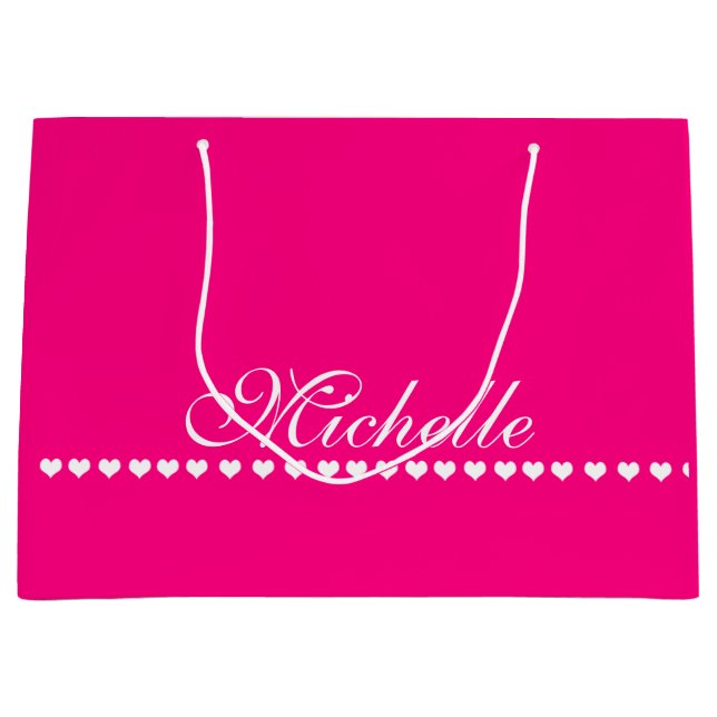 Elegant Monogram White Hearts Pink Large Gift Bag (Front)