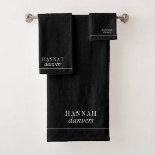 Elegant Monogram White Name Black  Bath Towel Set
