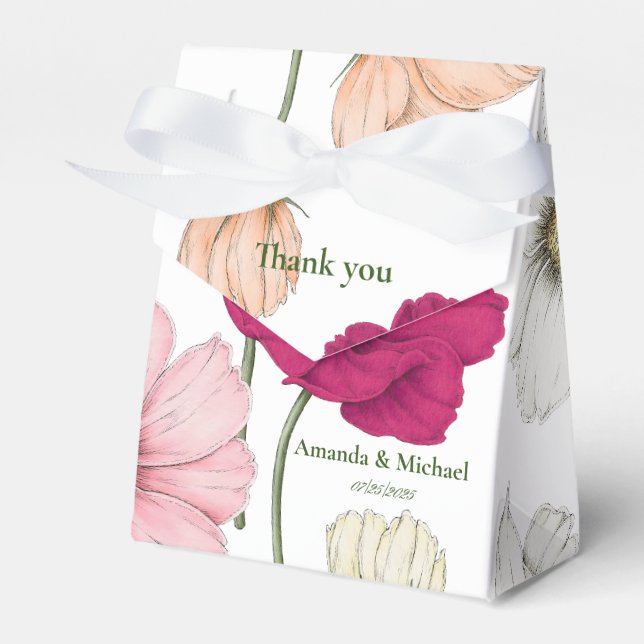 Elegant Monogram White Pink Flowers Ribbon Wedding Favour Box (Front Side)