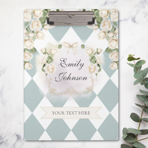 Elegant Monogram White Roses Green Leaves Diamond Clipboard