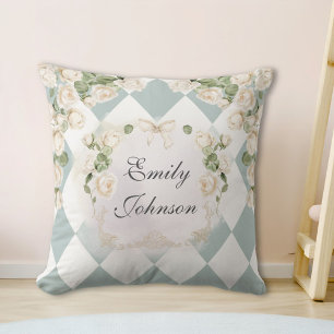 Elegant Monogram White Roses Green Leaves Diamond Cushion