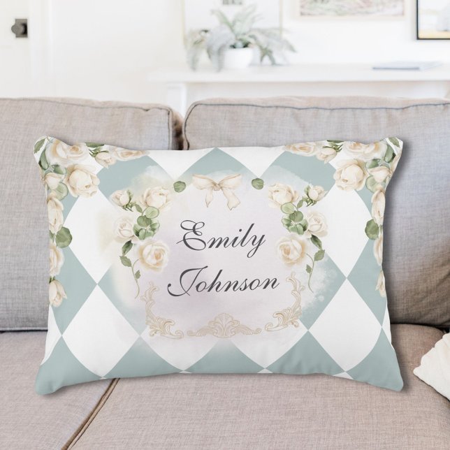 Elegant Monogram White Roses Green Leaves Diamond Decorative Cushion (In situ)