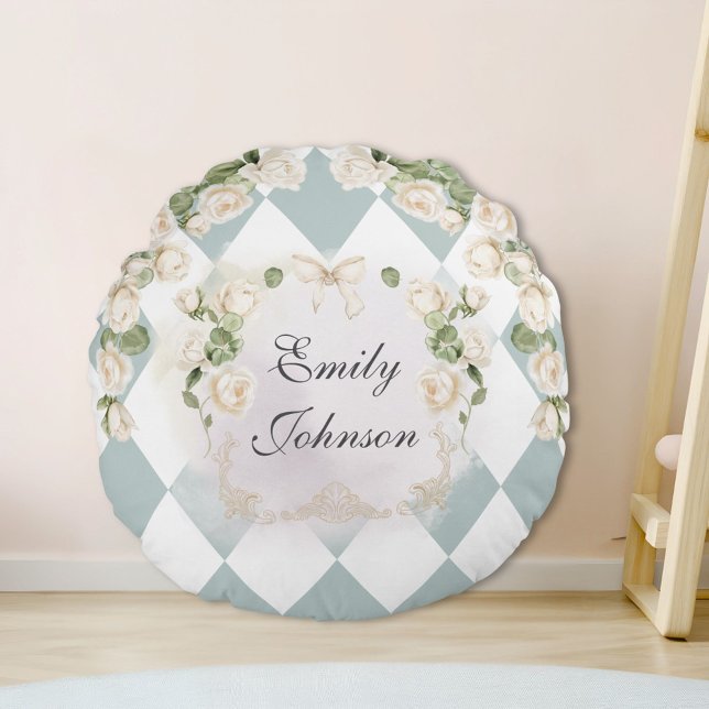 Elegant Monogram White Roses Green Leaves Diamond Round Cushion (In situ)