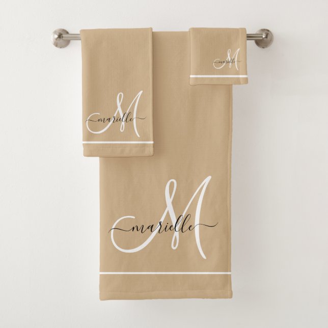 Elegant Monogram White Script Name Tan Bath Towel Set (Insitu)
