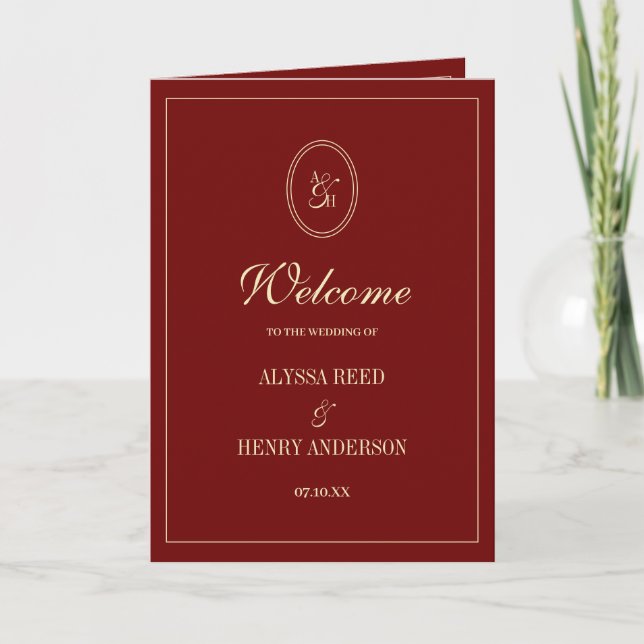 Elegant Monogram Wine Red Wedding Ceremony Program (Front)