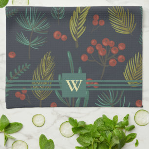 Elegant Monogram Winter Botanical  Tea Towel
