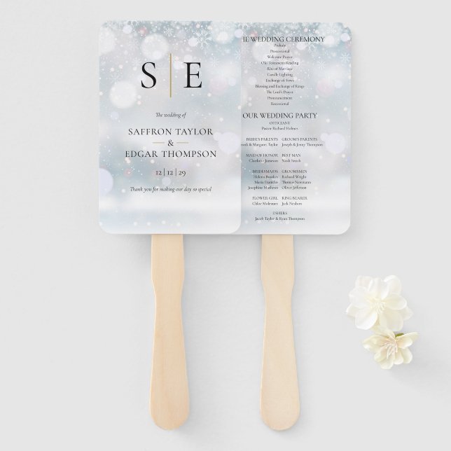 Elegant Monogram Winter Wedding Program Hand Fan (Front and Back)