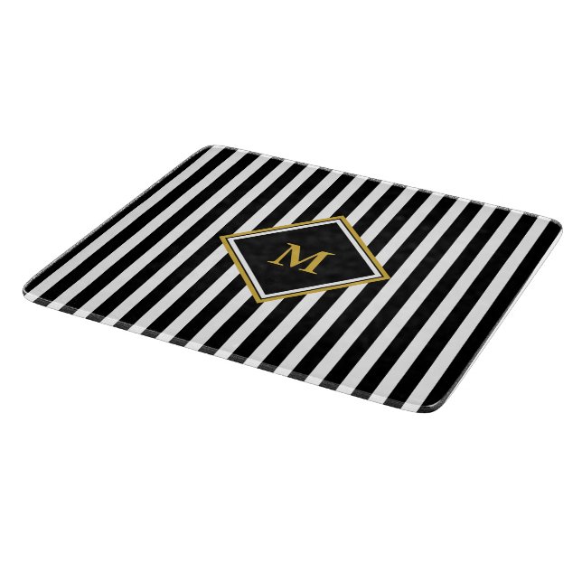 Elegant Monogram with Black and White Stripes Cutting Board (Corner)